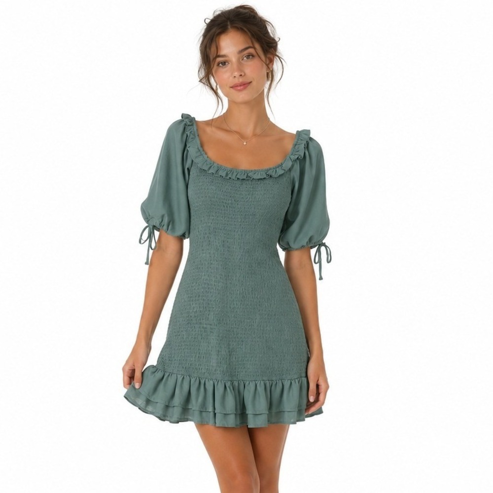 A Love Like You Dress Cottagecore Puff Sleeve Mini Dress Green Smocked Ruffle S